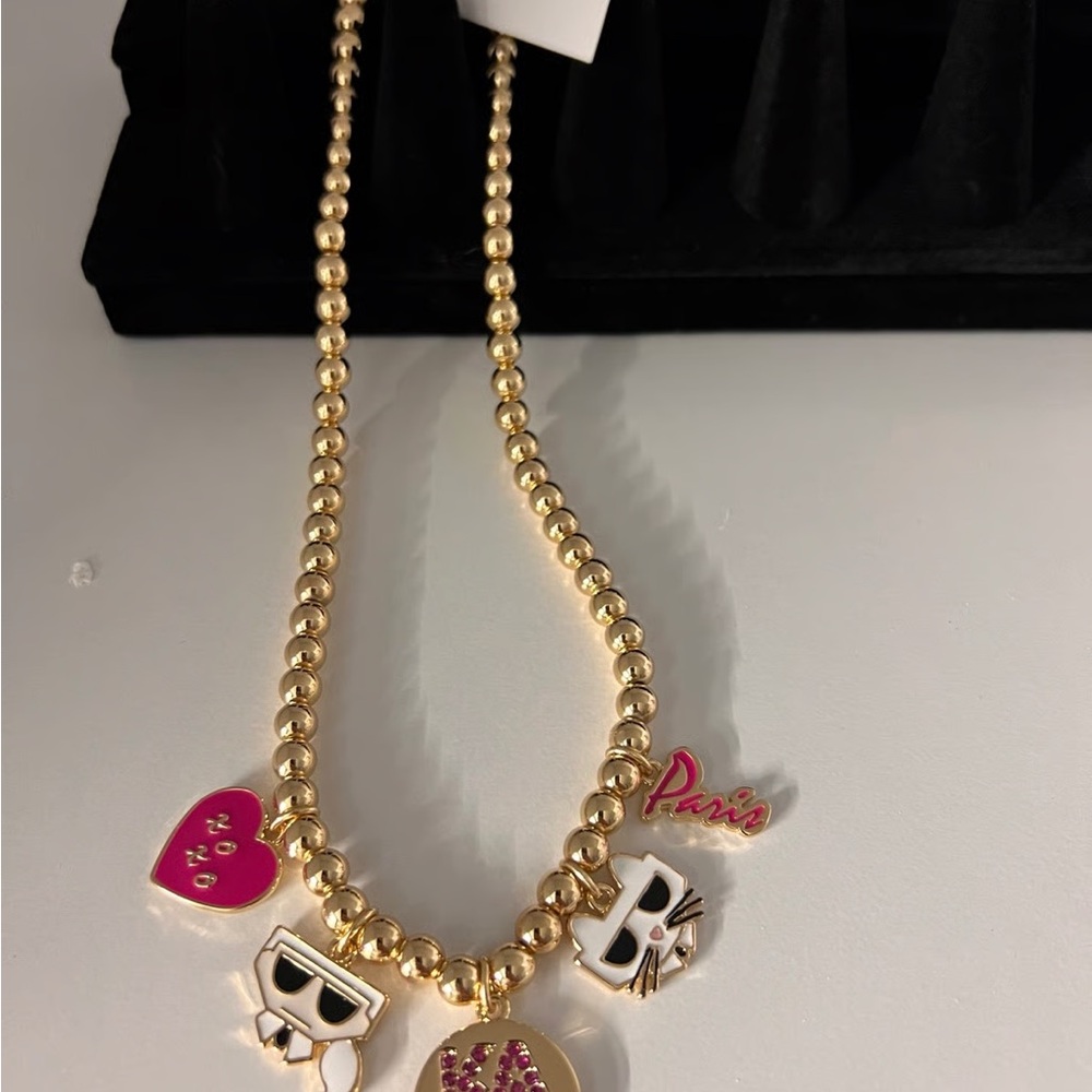 New KARL LAGERFELD Paris Charm Fashion Necklace Choupette Cat Pink Rhinestone. - Picture 2 of 7